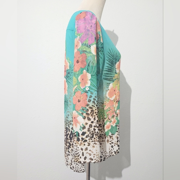 Soft Surroundings Tropical Floral Leopard Tunic Top Teal 3/4 Sleeve Size Medium - Picture 4 of 10